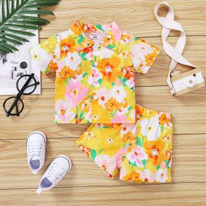 2pcs Baby Boy All Over Floral Print Yellow Short-sleeve Button Up Shirt and Shorts Set