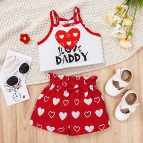 Father's Day 2pcs Toddler Girl Letter Heart Print Camisole and Bowknot Design Red Shorts Set