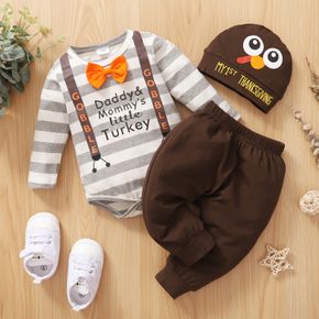 Thanksgiving Day 3pcs Baby Boy/Girl 95% Cotton Long-sleeve Bow Tie Decor Letter Print Striped Romper and Solid Pants with Hat Set
