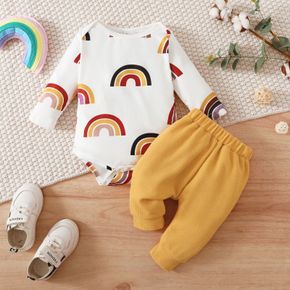 2pcs Baby Boy/Girl Allover Rainbow Print Long-sleeve Romper and Solid Waffle Pants Set