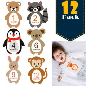 12 Sheets Baby Milestone Stickers Self Adhesive Animals Infant Monthly Stickers Newborn Month Stickers for Baby Girls Boys