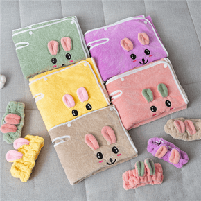 2-pack Embroidered Cartoon Bunny Rabbit Kids Absorbent Coral Fleece Bath Blankets Thick Baby Towel Bathrobe and Headband Set