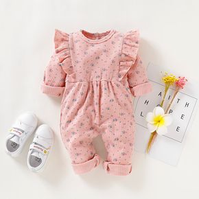 Ribbed Floral Allover Ruffle Decor Long-sleeve Baby Jumpsuit