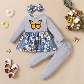 3-piece Toddler Girl Butterfly Floral Print Long-sleeve Top, Solid Pants and Headband Set