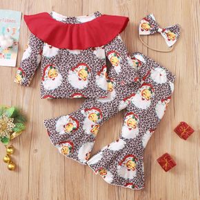 3-piece Toddler Girl Christmas Santa Leopard Print Flounce Top, Flared Pants and Headband Set