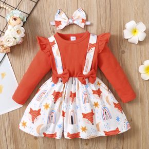 2pcs Baby Cartoon Fox Print Orange Ruffle Long-sleeve Cotton Dress Set
