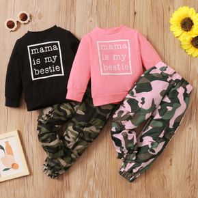 2-piece Toddler Girl Letter Print Pullover Sweatshirt and Camouflage Pants Set