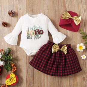 Christmas 3pcs Baby Letter Print Long-sleeve Cotton Romper and Red Plaid Bowknot Skirt Set