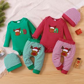 Christmas 3pcs Cartoon Reindeer Embroidered Solid Long-sleeve Romper and Striped Trousers Set