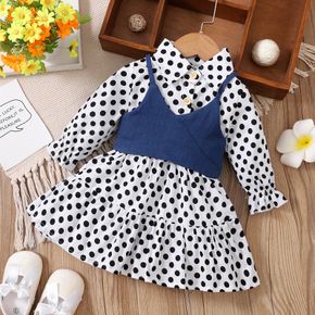 100% Cotton 2pcs Baby Girl Polka Dots Long-sleeve Dress and Denim Cami Top Set