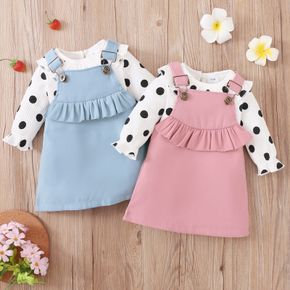 2pcs Baby Girl Polka Dots Ribbed Long-sleeve Ruffle Romper and Overall Dress Set