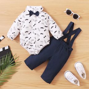 2pcs Baby Boy 95% Cotton Long-sleeve Gentleman Bowtie All Over Mustache Print Romper and Solid Overalls Set