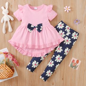 2-piece Toddler Girl Ruffled Bowknot Design High Low Short-sleeve Pink Tee and Floral Print Leggings Set