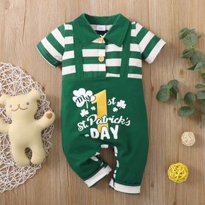 St. Patrick's Day Baby Boy/Girl Four-leaf Clover and Letter Print Green Striped Faux-two Jumpsuit