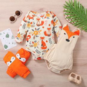 3pcs Baby Boy/Girl All Over Cartoon Fox Print Long-sleeve Romper and Corduroy Overall Shorts Set