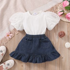 2pcs Toddler Girl Mesh Puff-sleeve White Tee and Ruffled Denim Skirt Set