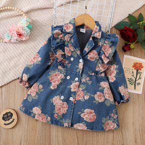 100% Cotton Baby Girl All Over Rose Floral Print Lapel Double Breasted Ruffle Trim Long-sleeve Denim Outwear