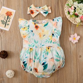 2pcs Baby Girl Allover Sunflowers and Leaves Print Sleeveless Ruffle Romper with Headband Set