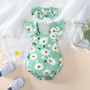 2pcs Baby Girl All Over Daisy Floral Print Green Ruffle Flutter-sleeve Romper with Headband Set