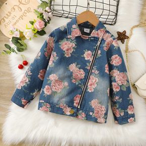 Toddler Girl 100% Cotton Floral Print Zipper Design Lapel Collar Denim Jacket