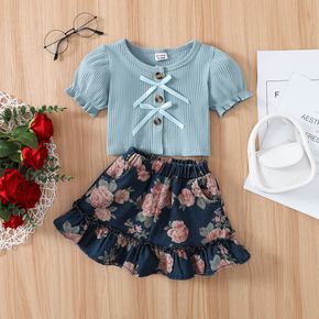 2pcs Toddler Girl Bowknot Button Design Puff-sleeve Cotton Tee and Ruffle Floral Print Skirt Set