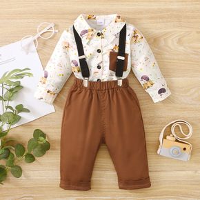 2pcs Baby Boy All Over Animal Print Long-sleeve Shirt and Solid Suspender Pants Set