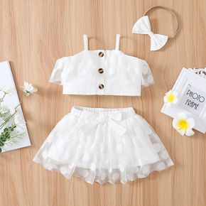 2pcs Toddler Girl Ruffled Button Design White Camisole and Bowknot Design Mesh Skirt Set