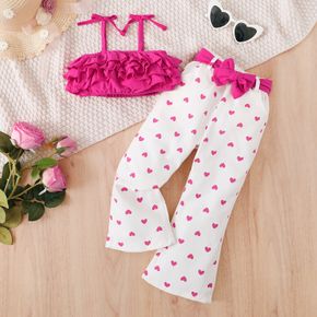 2pcs Toddler Girl 100% Cotton Ruffled Bowknot Design Pink Camisole and Heart Print Pants Set