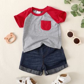 2pcs Baby Boy 100% Cotton Denim Shorts and Colorblock Raglan-sleeve T-shirt Set