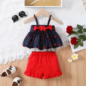 2pcs Baby Girl Allover Cherry Print Bowknot Design Cami Top and Ruffle Trim Shorts Set