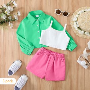 3pcs Toddler Girl White Camisole & Pink Shorts and Lapel Collar Green Long-sleeve Shirt Set