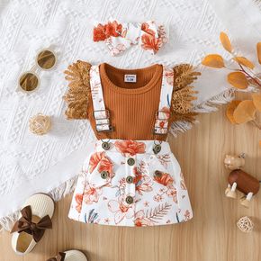3pcs Baby Girl 95% Cotton Rib Knit Spliced Lace Flutter-sleeve Romper and Button Design Floral Print Suspender Skirt with Headband Set