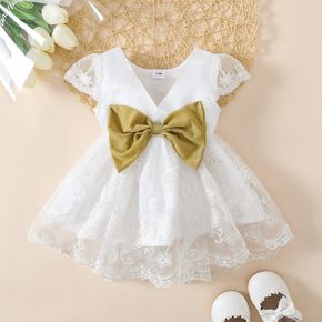 Baby Girl Bow Front V Neck Cap-sleeve Lace Party Dress