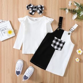 3pcs Toddler Girl Ruffled Ribbed White Tee and Plaid Colorblock Adjustable Overall Dress and Headband Set