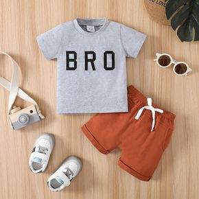 2pcs Baby Boy 95% Cotton Short-sleeve Letter Print T-shirt and Solid Shorts Set