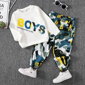 2pcs Toddler Boy Letter Print White Pullover Sweatshirt and Camouflage Print Pants Set