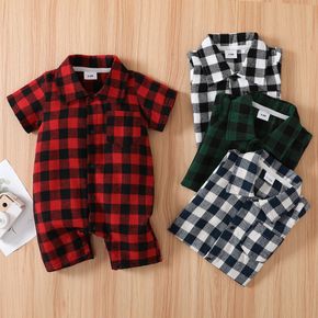 Plaid Print Lapel Collar Short-sleeve Baby Romper