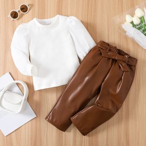 Toddler Girl 2pcs Solid Ribbed Long-sleeve White Top and Brown Leather Pants Set