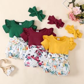 100% Cotton 3pcs Floral Print Short-sleeve Baby Set