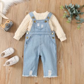 2pcs Baby Long-sleeve Cotton Knitted Sweater and Denim Overalls Set