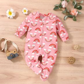 All Over Rainbow Print Pink Cotton Long-sleeve Footed Baby Jumpsuit