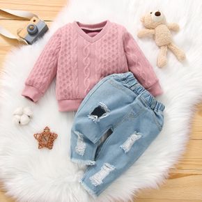 2pcs Baby Girl Imitation Knitting Long-sleeve Pullover and Ripped Jeans Set