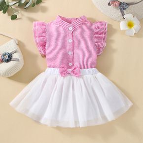 2pcs Baby Girl Pinstriped Flutter-sleeve Top and Mesh Skirt Set