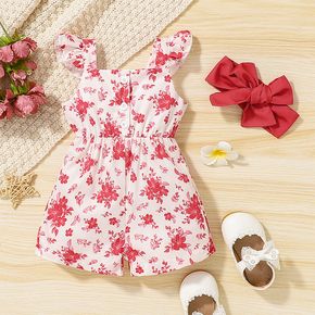 2pcs Baby Girl All Over Floral Print Square Neck Flutter-sleeve Overalls Shorts with Headband Set