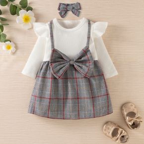 Baby Cotton Ribbed Ruffle Long-sleeve Splicing Plaid Bowknot Faux-two Dress