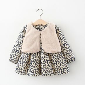 Baby 2pcs Floral Print Long-sleeve Fleece Lined Dress and Vest Set
