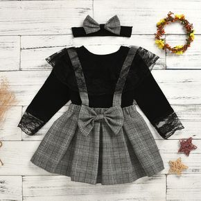 3-piece Baby / Toddler Black Lace Top and Plaid Overalls Set with Headband