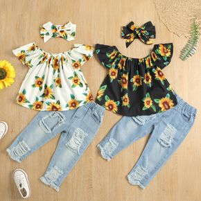 3-piece Toddler Girl Floral Sunflower Print Flounce Top, Ripped Denim Pants Jeans  and Headband Set