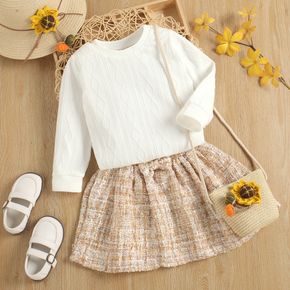 2-piece Toddler Girl Cable Knit White Top and Bowknot Design Skirt Set
