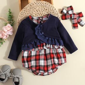2-piece Baby Girl Plaid Long-sleeve Romper and Floral Lace Design Cardigan Set